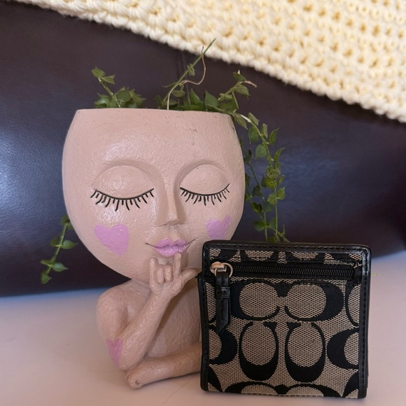 Coach Small Bifold Black Tan Card & Bill Holder Canvas And Leather Signature C - Picture 8 of 12